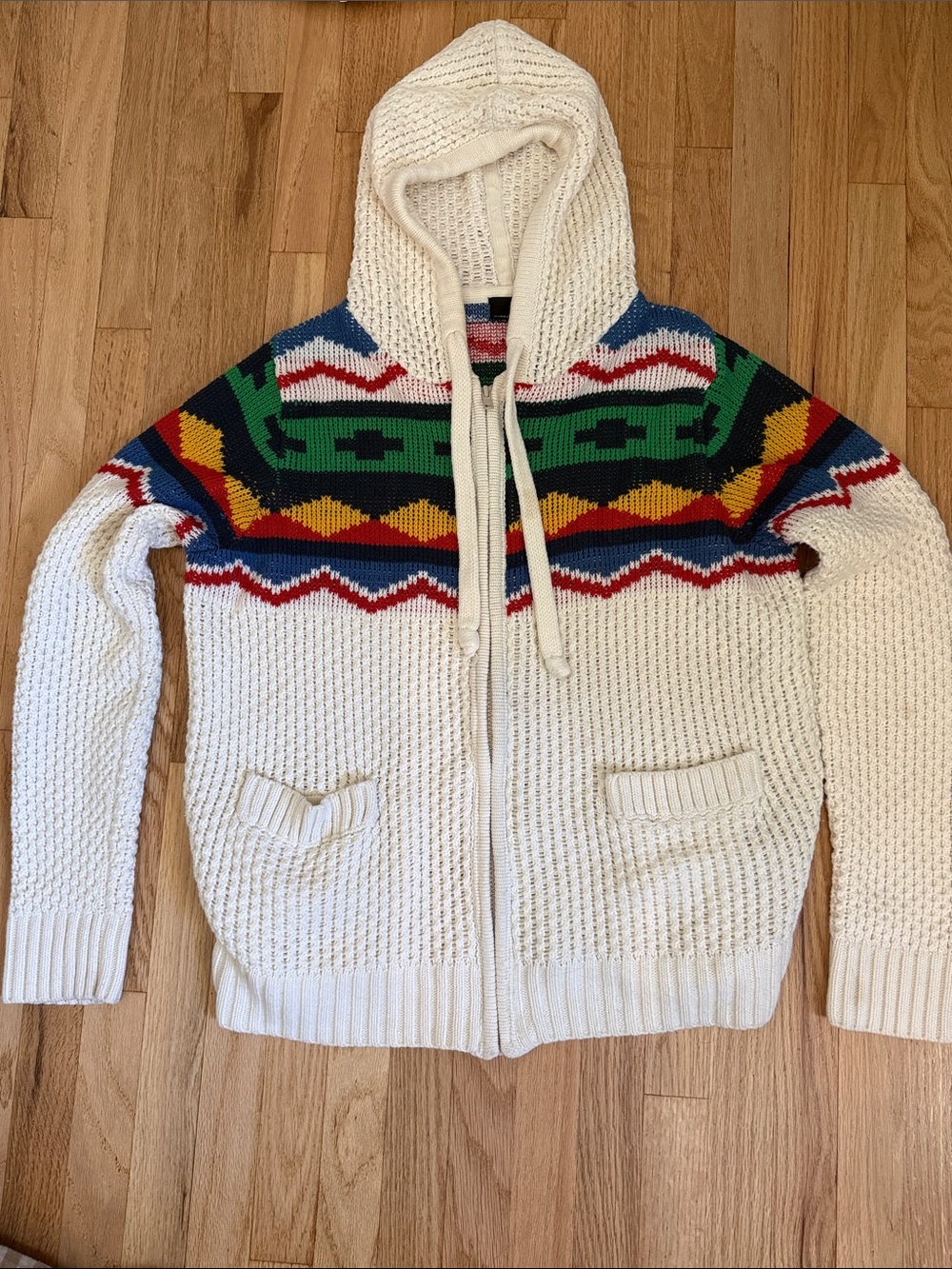 Cream Hooded Zip Cardigan with Multicolor Geometric Yoke